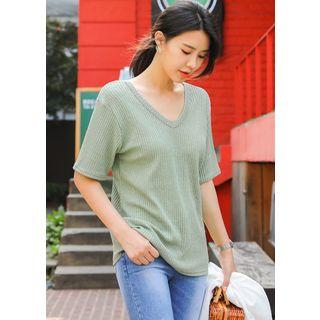 Plus Size - V-neck Ribbed T-shirt