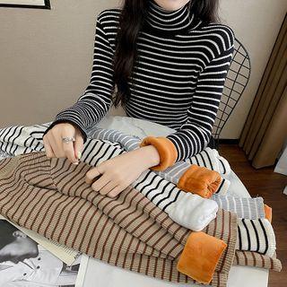 Long Sleeve Turtleneck Striped Fleece Lined Top