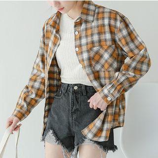 Long-sleeve Plaid Shirt Plaid - Yellow & White - One Size