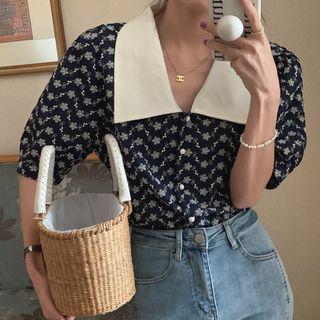 Puff Sleeve Contrast Collar Floral Embroidered Shirt Navy Blue - One Size
