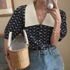 Puff Sleeve Contrast Collar Floral Embroidered Shirt Navy Blue - One Size