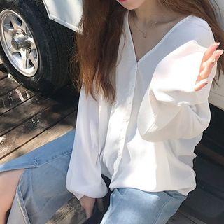 V-neck Buttoned Plain Blouse