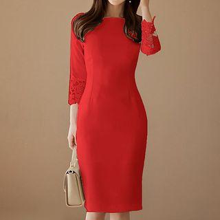 3/4-sleeve Lace-panel Midi Sheath Dress