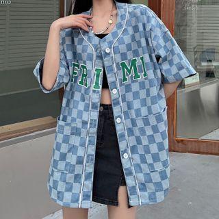 Short Sleeve Letter Embroidered Checkered Denim Shirt Jacket