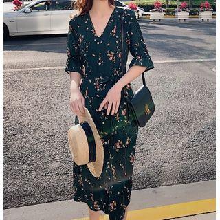 Elbow-sleeve Floral Print V-neck Midi Dress