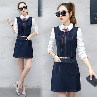 Set: Long-sleeve Shirt + Sleeveless Denim Dress With Belt