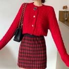 Plain Single-breasted Cable-knit Cardigan / Houndstooth Acrylic Skirt