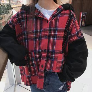 Hooded Plaid Panel Buttoned Jacket