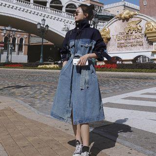 Denim Panel A-line Midi Zip Coat