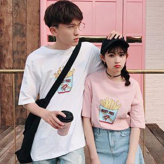 Couple Matching Fries Print Elbow Sleeve T-shirt