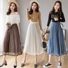 Accordion Pleat Midi Mesh Velvet Skirt