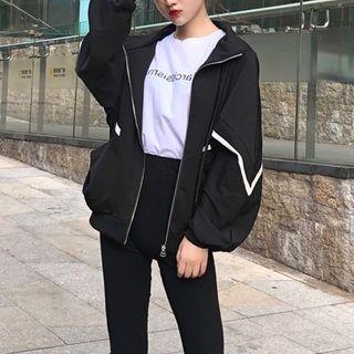 Contrast Trim Zip Jacket / Lettering Short-sleeve T-shirt / High Waist Skinny Pants
