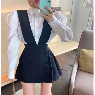 Set : Plain Puff-sleeve Shirt + High Waist Pleated Skirt