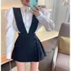 Set : Plain Puff-sleeve Shirt + High Waist Pleated Skirt