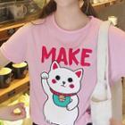 Picture Printed Crewneck Short-sleeve Top Pink - One Size
