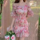 Cold-shoulder Floral Print Smocked Bodycon Dress