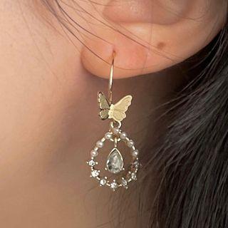 Butterfly Rhinestone Alloy Dangle Earring 2346a - 1 Pair - Normal Needle - Gold - One Size