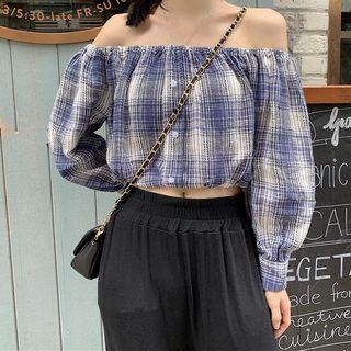 Off-shoulder Plaid Cropped Blouse Blue - One Size