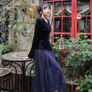 Mesh Panel Long-sleeve Maxi A-line Dress