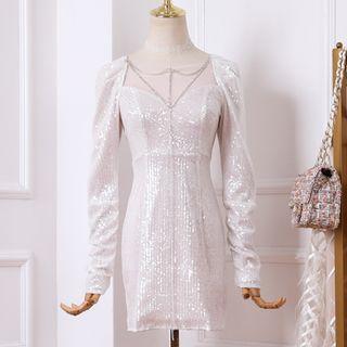 Long-sleeve Mini Sequined Sheath Dress
