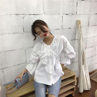 Puff-sleeve Blouse / Distressed Skinny Jeans