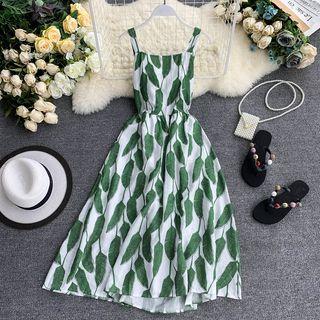 Leaf Print Strappy A-line Midi Dress Green - One Size