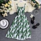Leaf Print Strappy A-line Midi Dress Green - One Size