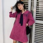 Sailor Collar Star Embroidered Long-sleeve A-line Dress Rose Pink - One Size