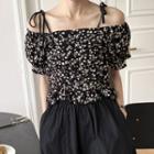 Off Shoulder Floral Pleated Bow Cropped Blouse