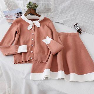 Set: Contrast Trim Cardigan + Knit A-line Skirt