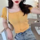 Plain Short-sleeve Button Knit Cropped Top