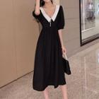 Elbow-sleeve Color Block Collar A-line Midi Dress