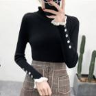 Long-sleeve Frill Trim Button Accent Knit Top