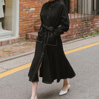 Tie-waist Stitch Long-sleeve Shirtdress