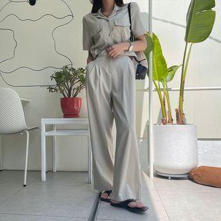 Flap-pocket Shirt & Belted Wide Pants Set