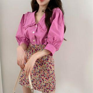 Ruffle Trim Elbow-sleeve Blouse Purple - One Size