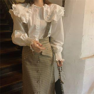 Peter-pan Collar Ruffle Trim Blouse / Overall Dress