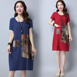 Short-sleeve Floral Print Crewneck A-line Cotton Dress