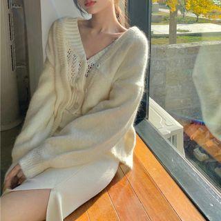 Plain Cardigan / Pointelle Knit Cardigan / Slit Midi Knit Skirt