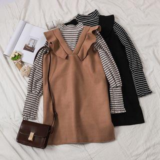 Mock Neck Striped Top / V-neck Ruffled Pinafore Dress