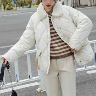 Fluffy Collar Quilted Zip Jacket