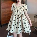 Dotted Square Neck Puff Sleeve Dress