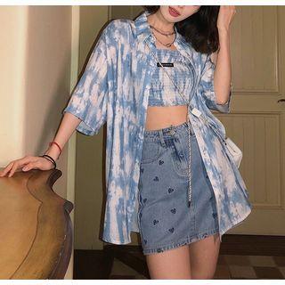Set: Short-sleeve Tie-dye Print Shirt + Bandeau Top