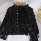 Velvet Polka Dot Lantern-sleeve Blouse