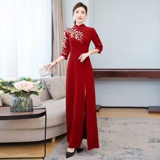 Elbow-sleeve Floral Print Slit Maxi A-line Qipao Dress