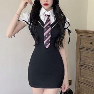 Puff-sleeve Collar Tie-neck Blouse / Mini Sheath Overall Dress