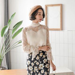 Turtle-neck Lace-yoke Top