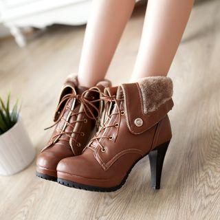 Faux Leather Fleece-lined High-heel Ankle Boots