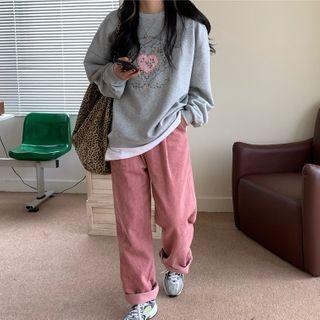 Embroidered Sweatshirt / Corduroy Wide-leg Pants