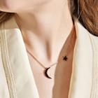 Rhinestone Moon & Star Pendant Necklace Black - One Size